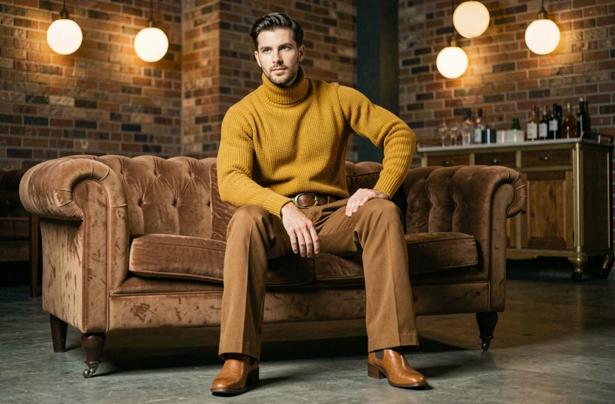 Homme assis en pantalon flare caramel et col roulé moutarde avec ceinture à boucle dorée style seventies