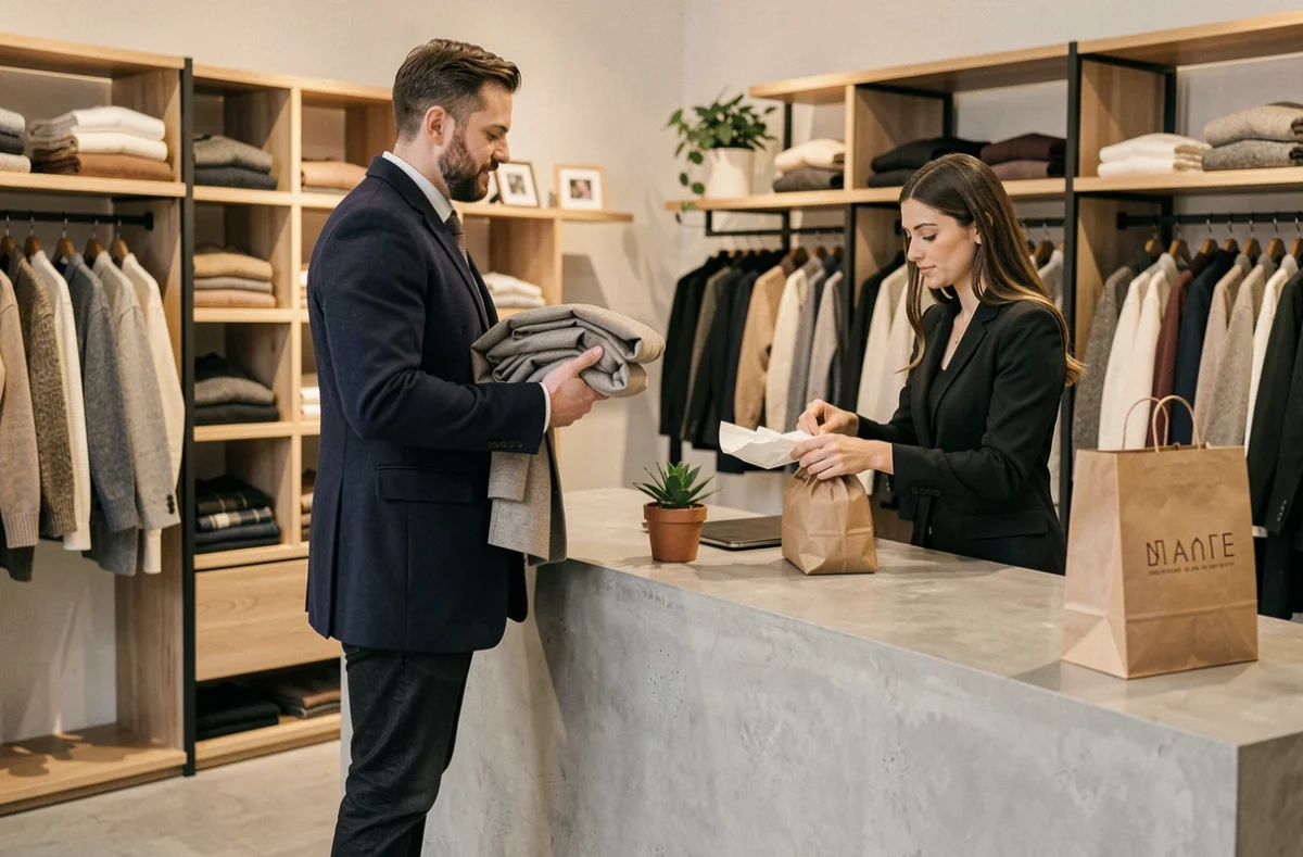 Homme élégant en manteau marine finalisant un achat dans une boutique de mode à Nantes, avec une vendeuse préparant soigneusement ses articles
