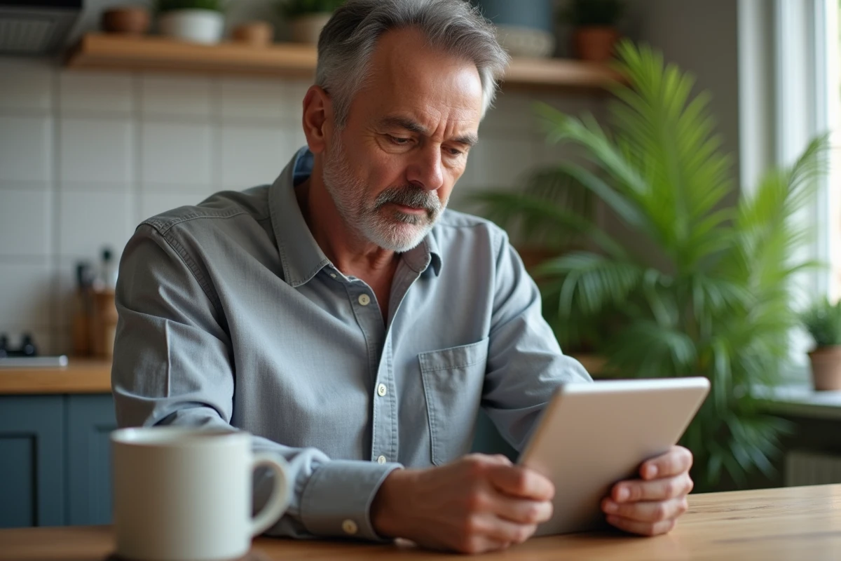 Homme activant son compte monespacehabillement La Poste sur une tablette depuis son domicile