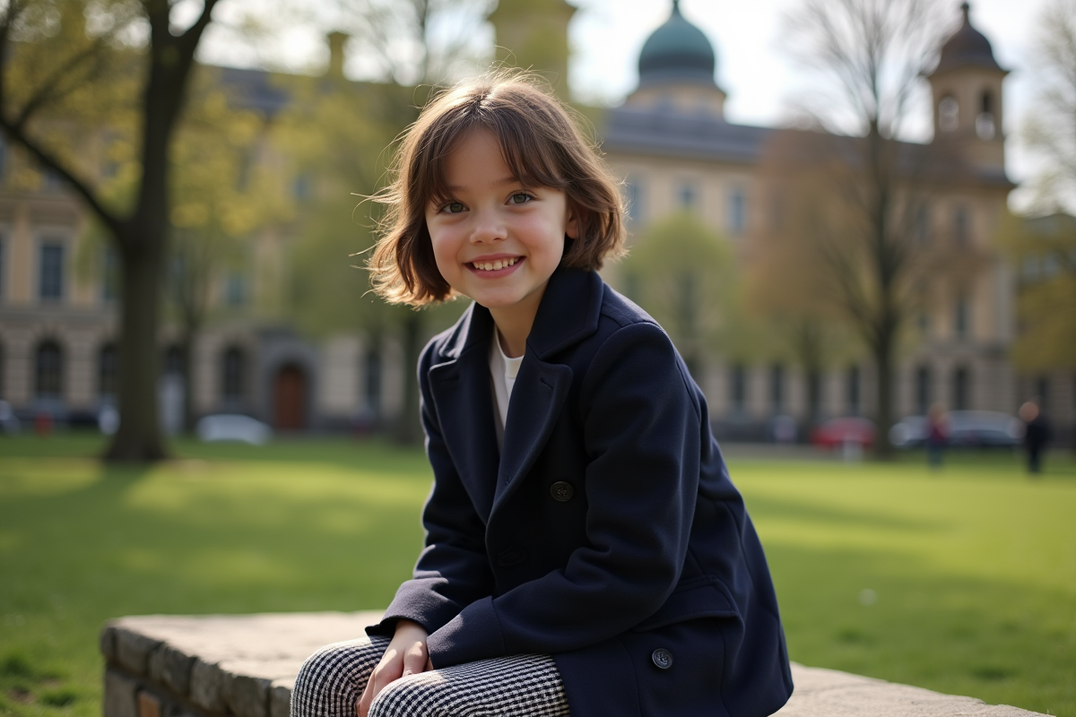 Adolescente en manteau dans un parc urbain ensoleille