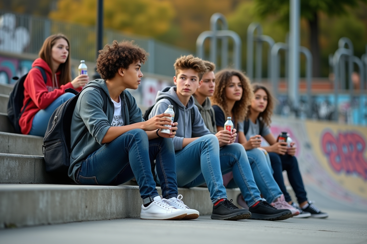 Adolescents assis sur des marches en ville