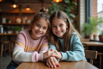 Deux adolescentes souriantes avec bagues en forme de cœur au café