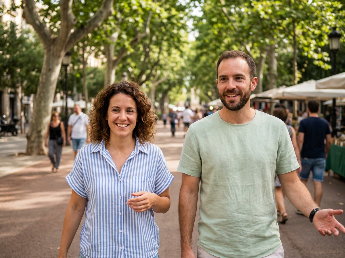 Deux amis portant des hauts légers à manches courtes en été lors d'une promenade urbaine ombragée