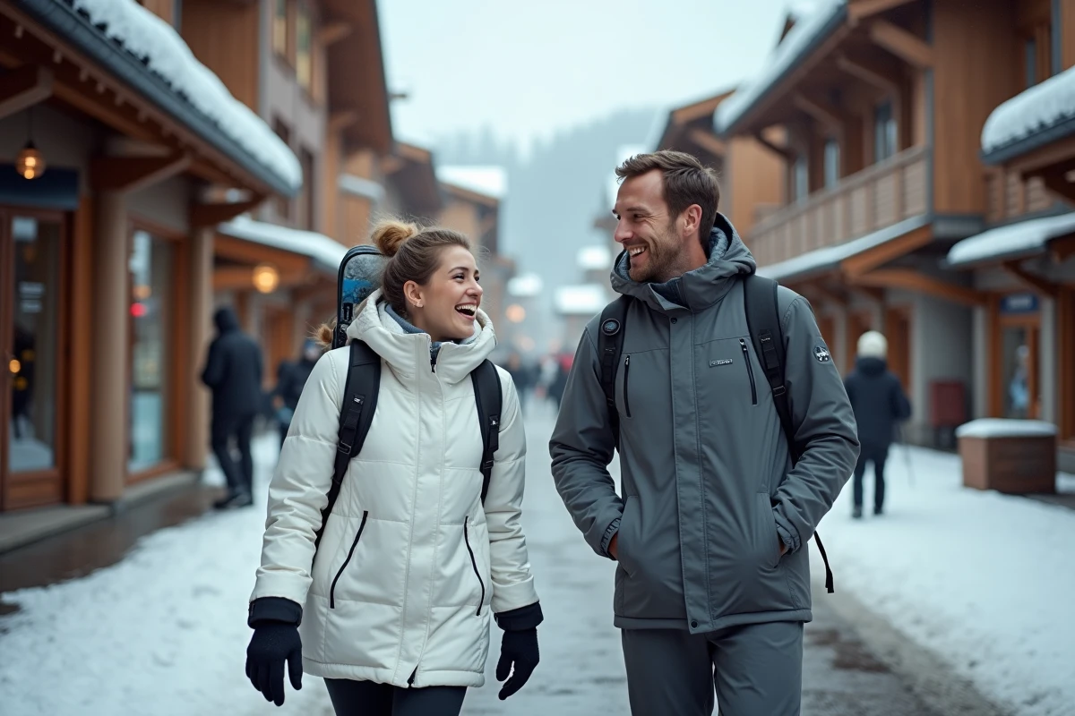 Deux amis en vestes de ski haut de gamme Fusalp et Kjus se promenant dans une rue d'un village alpin typique après le ski