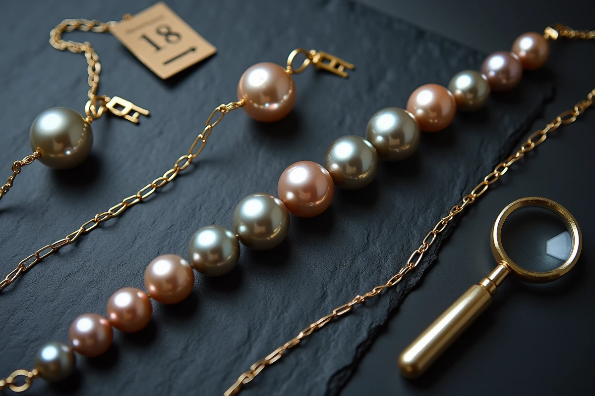 Assortiment de perles de Tahiti de différentes tailles avec chaîne en or 18 carats et loupe de joaillier sur ardoise