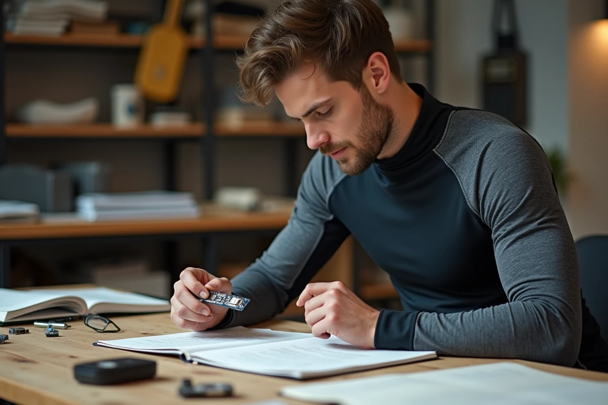 Designer examinant des capteurs flexibles pour vêtements intelligents dans un atelier de mode technologique