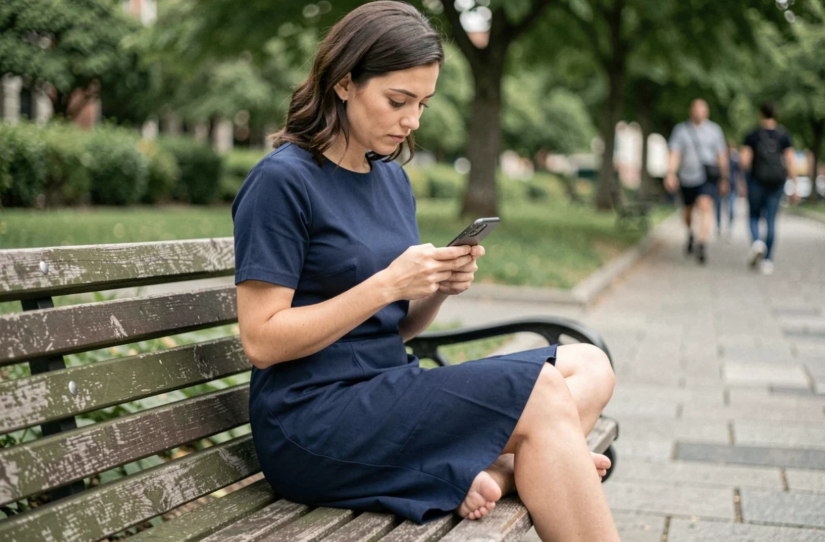 Femme portant une robe Halara avec short intégré assise dans un parc et lisant des avis en ligne