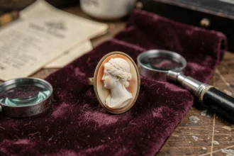 Bague en camée ancienne posée sur velours sombre avec loupe de bijoutier pour authentification