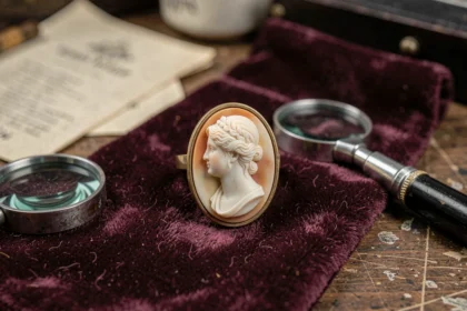 Bague en camée ancienne posée sur velours sombre avec loupe de bijoutier pour authentification