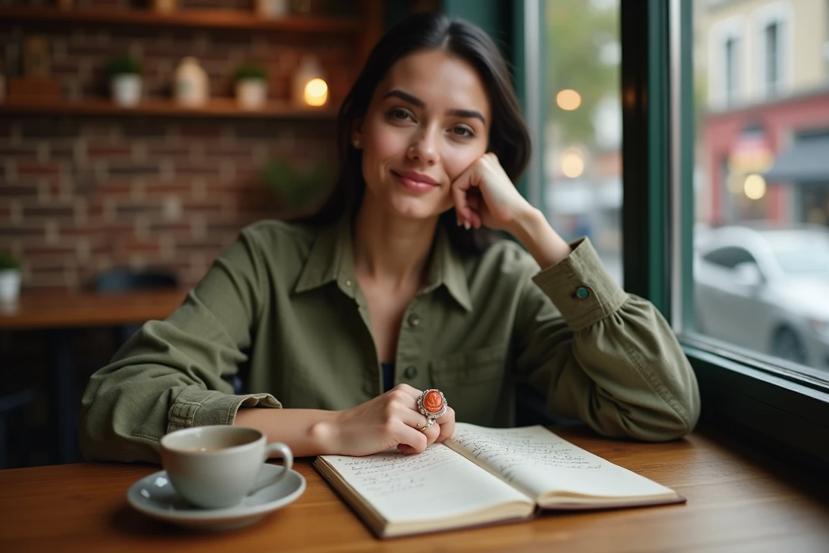 Jeune femme portant une bague camée moderne dans un café contemporain, alliant tradition et style actuel