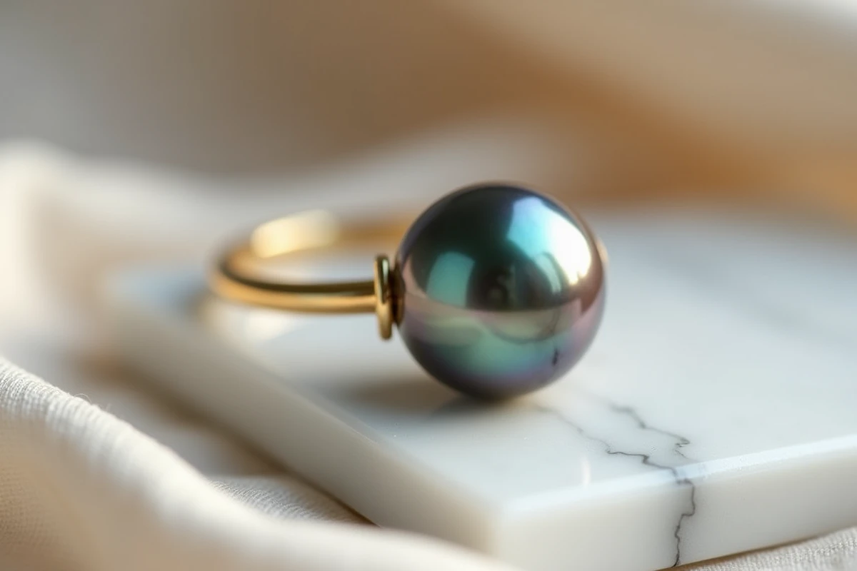 Bague en or 18 carats sertie d'une perle de Tahiti noire aux reflets irisés vert et paon, posée sur marbre blanc