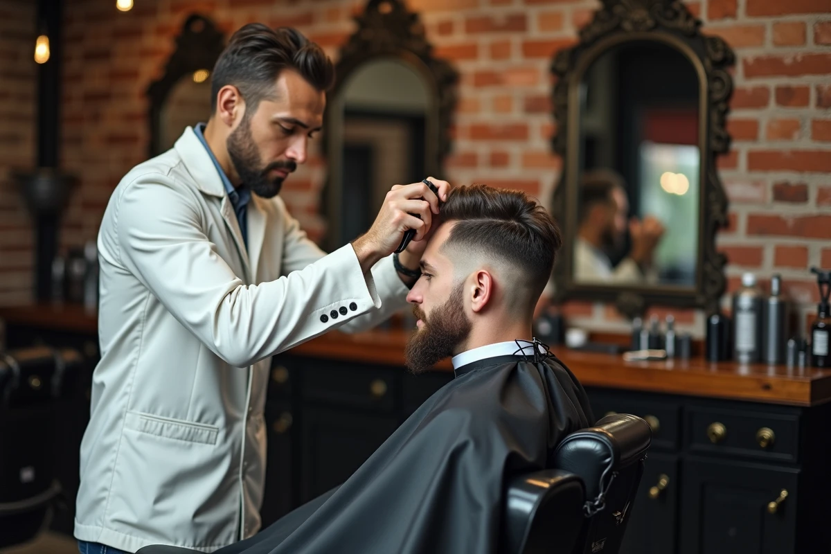 Barbier professionnel effectuant une coupe casquette précise sur un client en salon de coiffure vintage