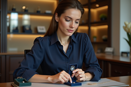 Jeune femme bijoutière examine une bague ancienne avec loupe