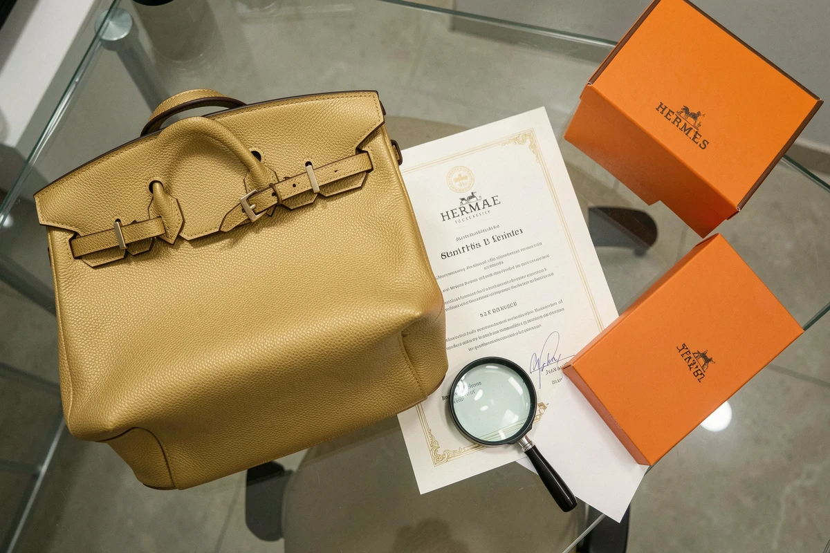 Vue du dessus d'un sac Hermès Birkin 30 doré avec certificat d'authenticité et loupe sur bureau en verre, scène d'expertise avant revente