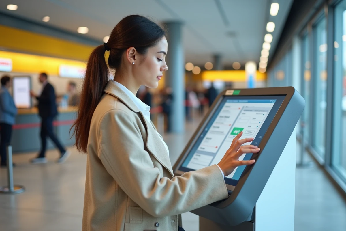Femme utilisant une borne interactive en bureau de poste pour accéder à son espace habillement La Poste