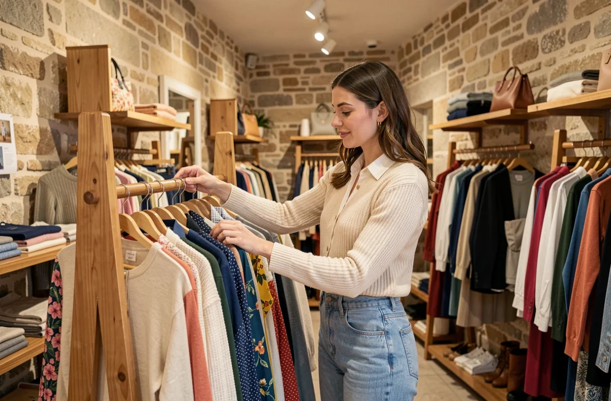 Intérieur de la boutique Astuces à La Rochelle avec une vendeuse arrangeant des vêtements féminins