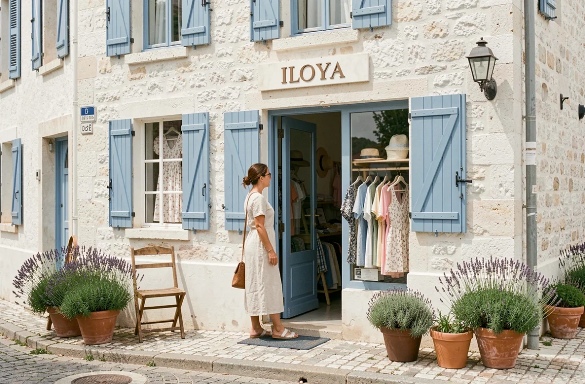 Femme devant la boutique Iloya à Saint-Martin-de-Ré avec des vêtements en lin