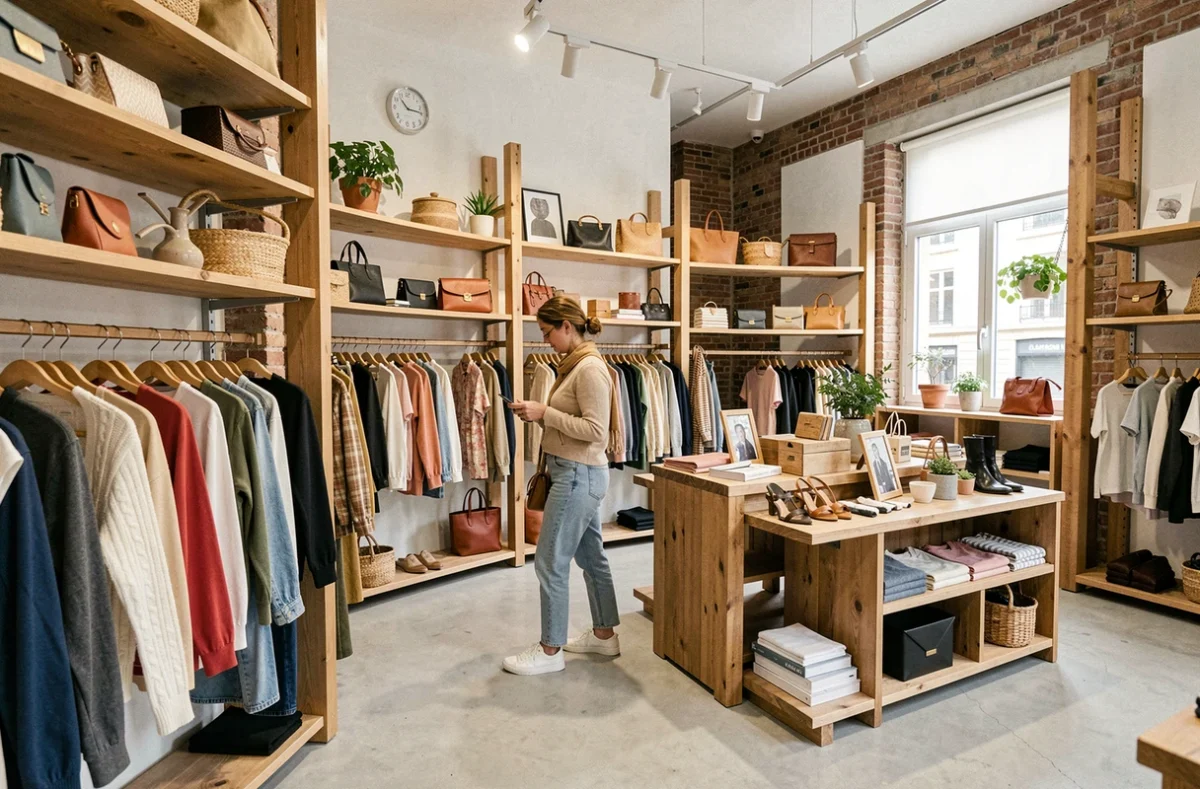Cliente explorant les vêtements et accessoires de La Station Lifestyle à La Rochelle