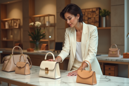 Femme élégante examinant sacs à la boutique de luxe