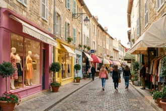 Rue commerçante de La Rochelle avec des boutiques de prêt-à-porter féminin en Charente-Maritime