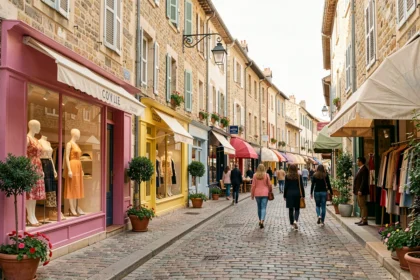 Rue commerçante de La Rochelle avec des boutiques de prêt-à-porter féminin en Charente-Maritime