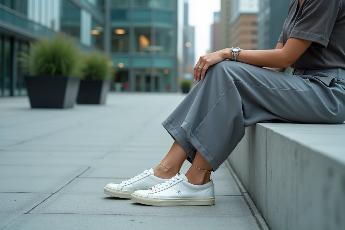 Bracelet de cheville minimaliste en argent porté dans un cadre urbain moderne en 2026