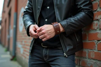 Homme en veste en cuir noir ajustant un bracelet de force en cuir marron à rivets contre un mur de briques urbain