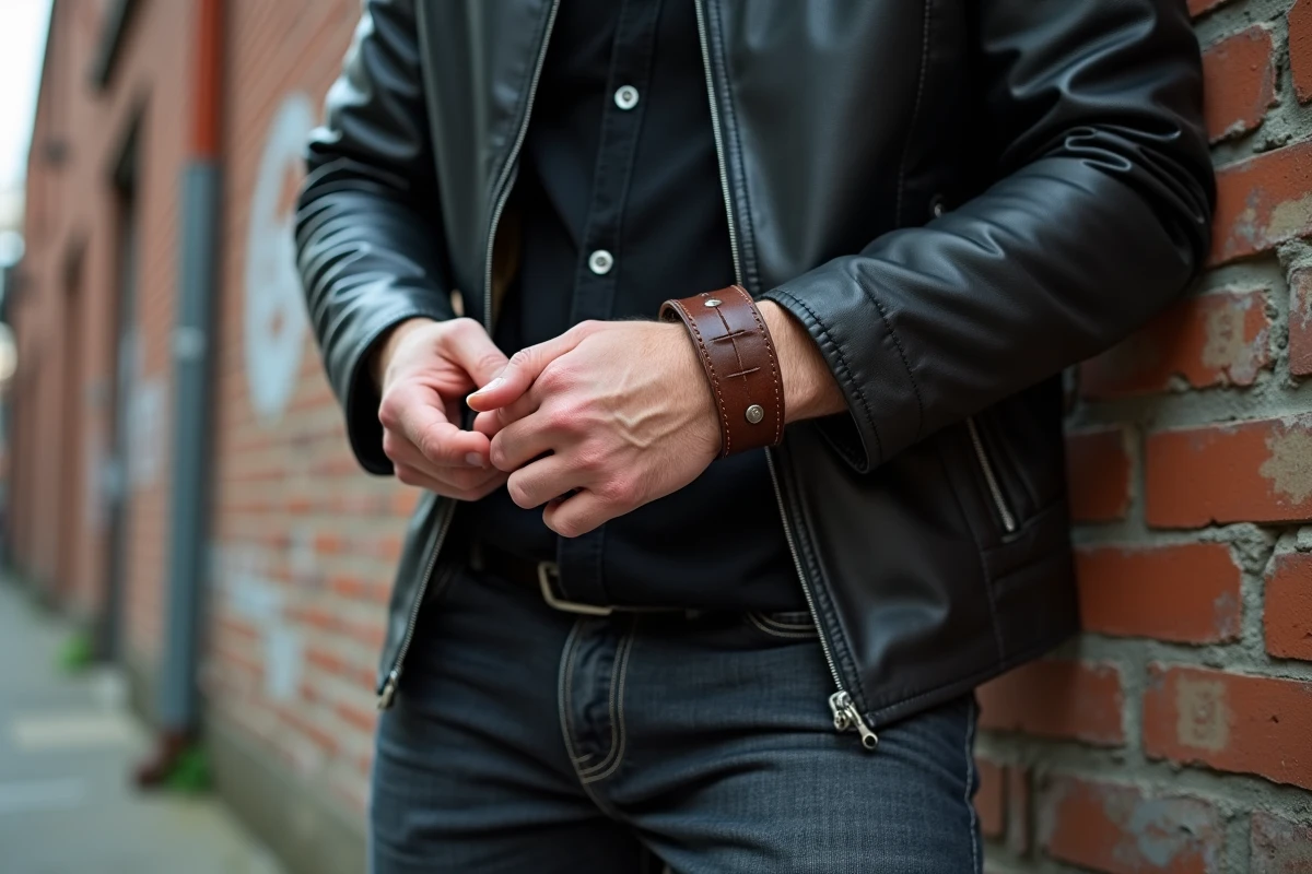Homme en veste en cuir noir ajustant un bracelet de force en cuir marron à rivets contre un mur de briques urbain