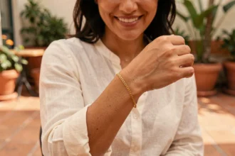 Femme à la carnation mate portant un bracelet en or jaune délicat sur une terrasse ensoleillée