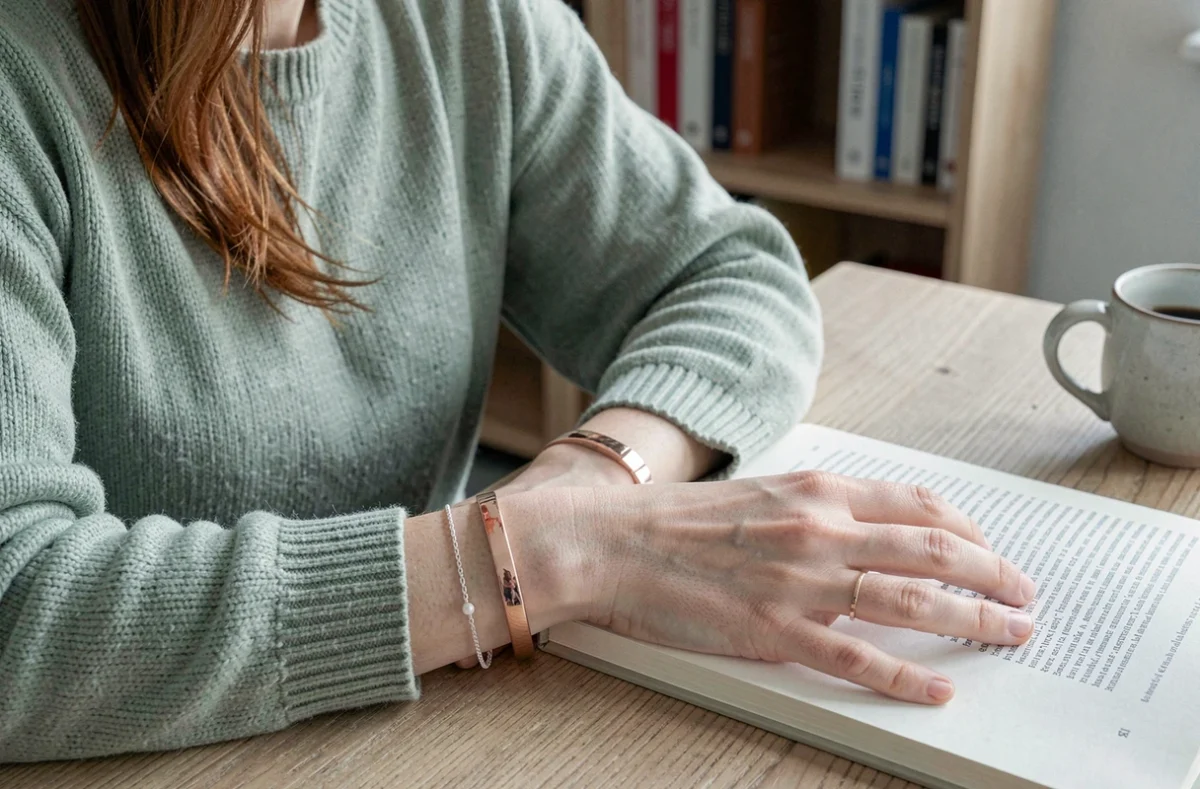 Femme à la peau claire et carnation froide avec des bracelets en or rose et or blanc empilés sur fond scandinave