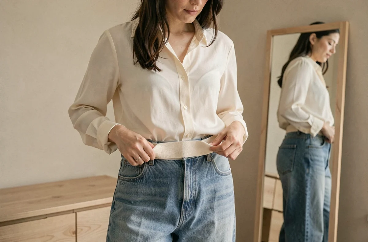 Femme attachant une ceinture élastique sans boucle autour d'un jean large pour maintenir le tour de taille 42