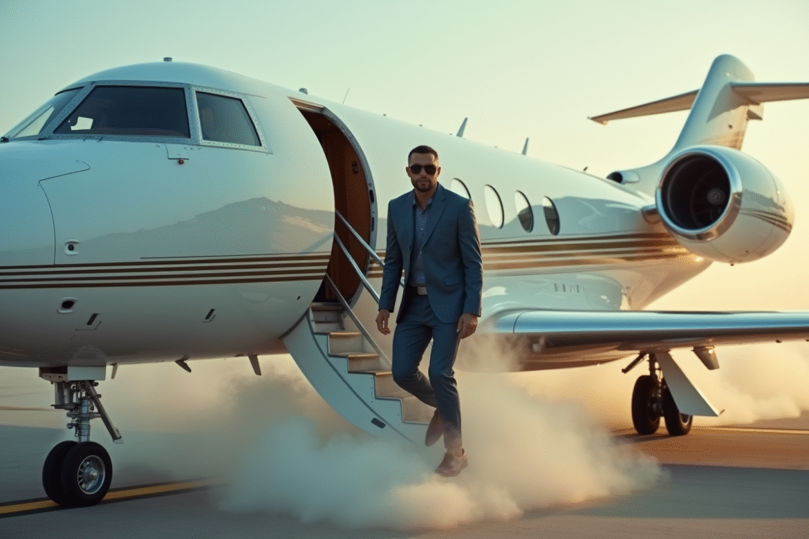 Célébrité sortant d'un jet privé avec fumée polluante à l'aéroport