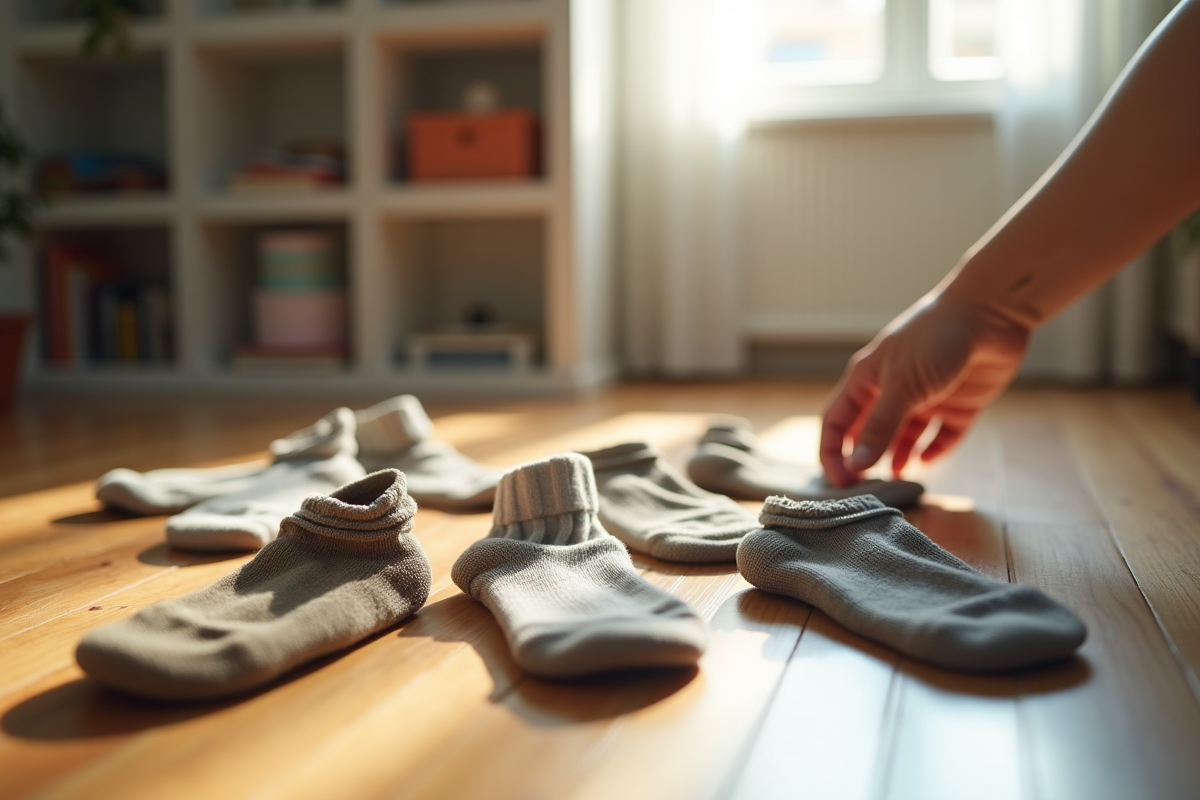 Chaussettes anciennes dispersées sur le sol en bois dans une pièce lumineuse