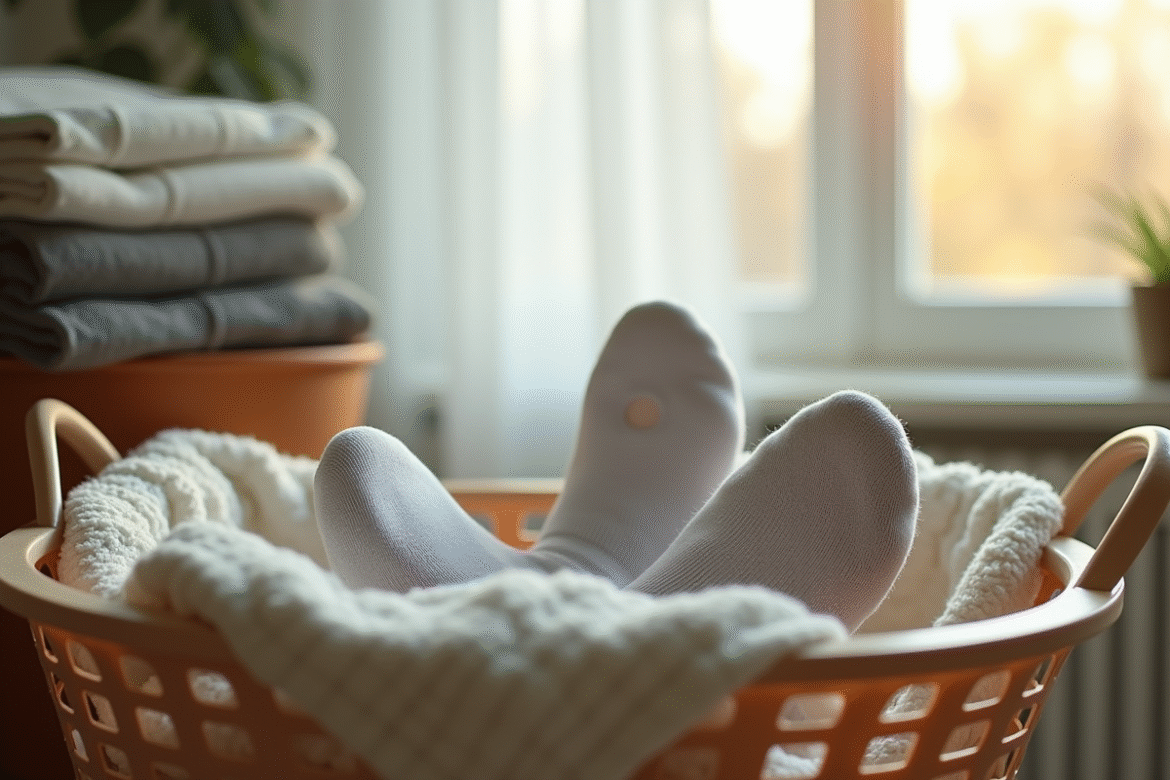 Paire de chaussettes usurees dans un panier linge avec linge propre