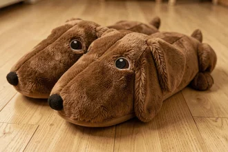 Chausson teckel grande taille en peluche marron posé sur un parquet en bois clair, vue en plongée basse