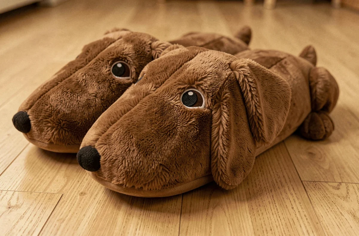 Chausson teckel grande taille en peluche marron posé sur un parquet en bois clair, vue en plongée basse