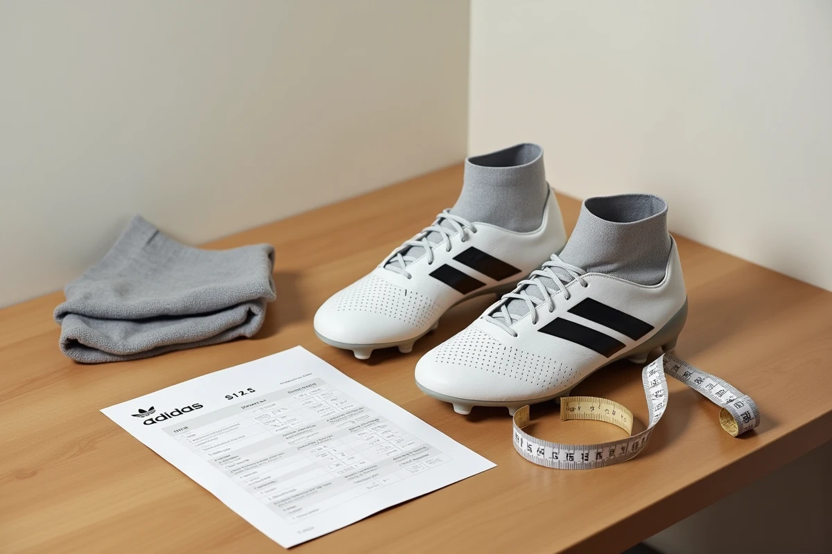 Chaussures de football Adidas posées à côté d'un mètre ruban et d'un guide des tailles sur une table en bois