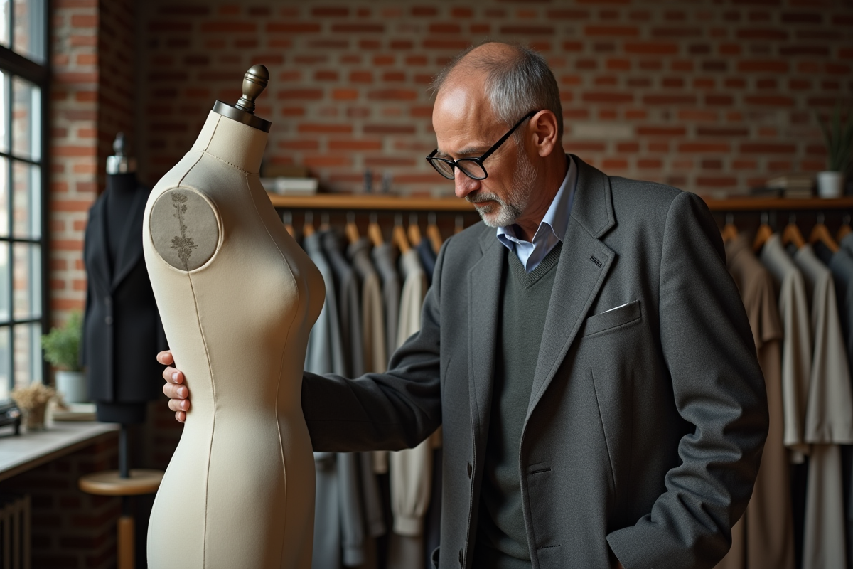 Chercheur mode inspectant un vêtement vintage dans un atelier