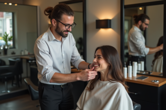 Homme coiffeur discutant avec une jeune femme dans un salon moderne