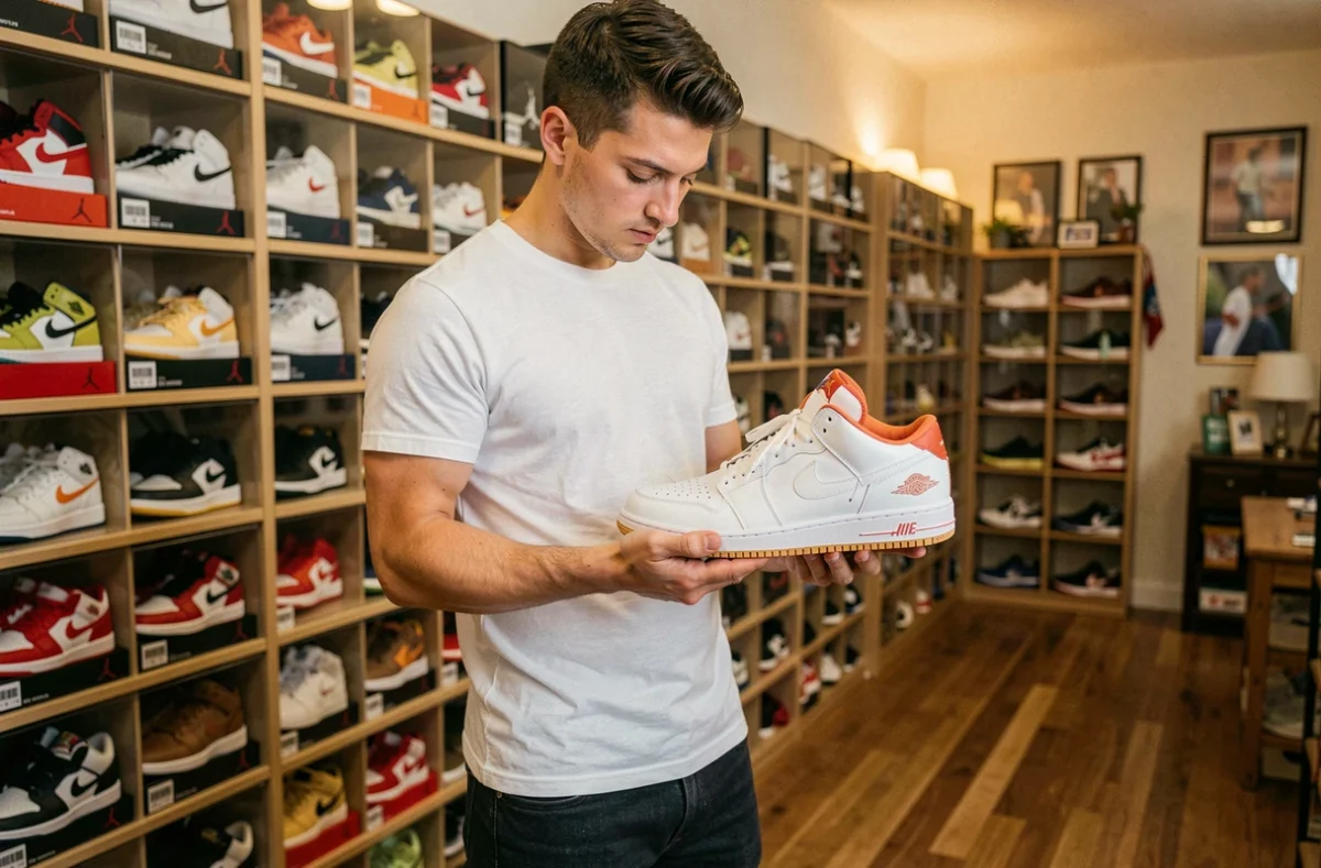 Collectionneur de sneakers examinant le logo Jumpman sur une Air Jordan dans une salle de collection organisée
