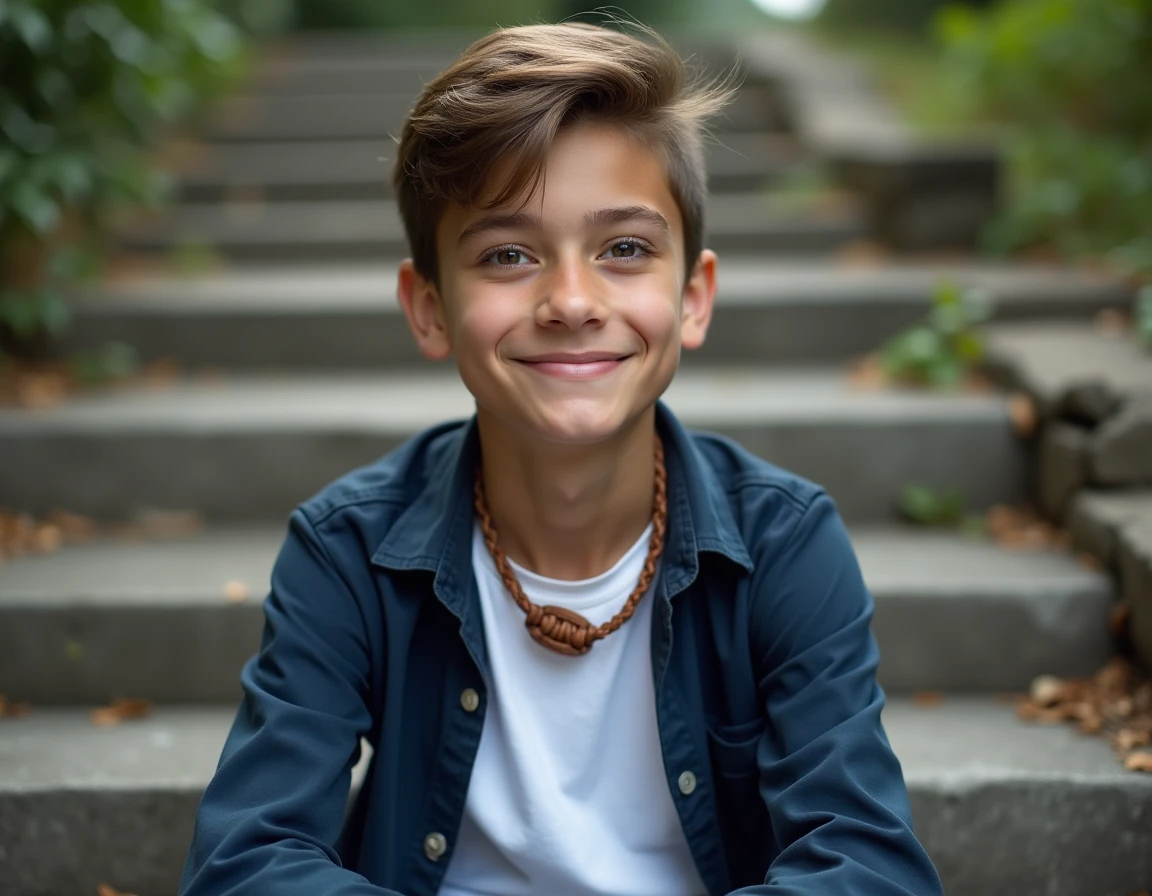 Jeune adolescent garçon avec collier en cuir tressé et perle bois, style naturel et mature pour ado