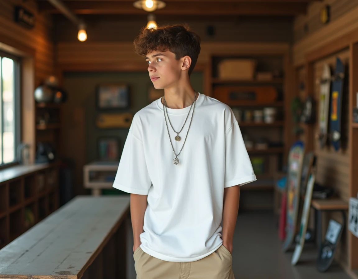 Ado garçon avec collier argenté fin et pendentif dans un skate shop, style tendance non enfantin