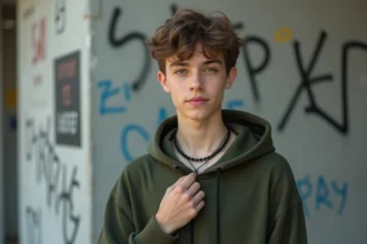 Adolescent garçon portant un collier chaîne noir mat style urbain devant un mur de graffitis