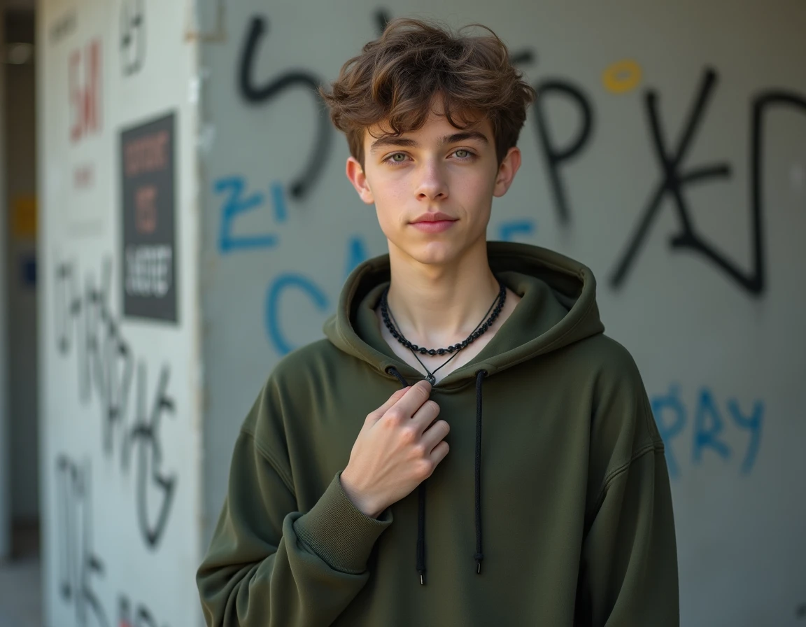 Adolescent garçon portant un collier chaîne noir mat style urbain devant un mur de graffitis