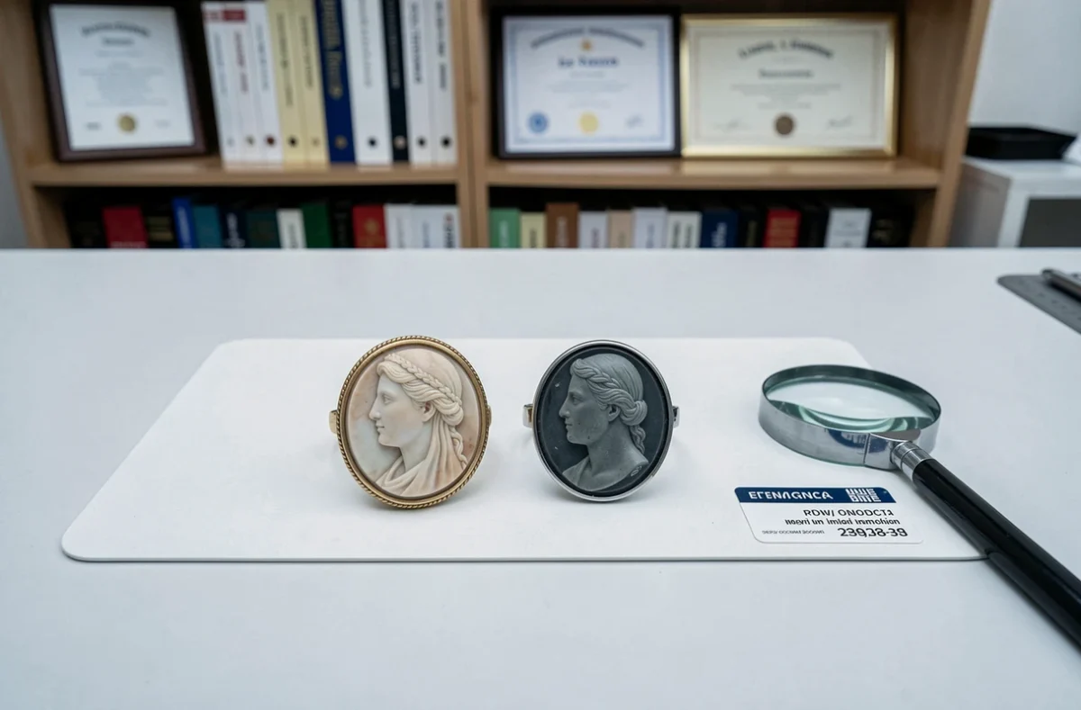 Comparaison d'une vraie bague en camée et d'une contrefaçon sur tapis d'expertise bijouterie