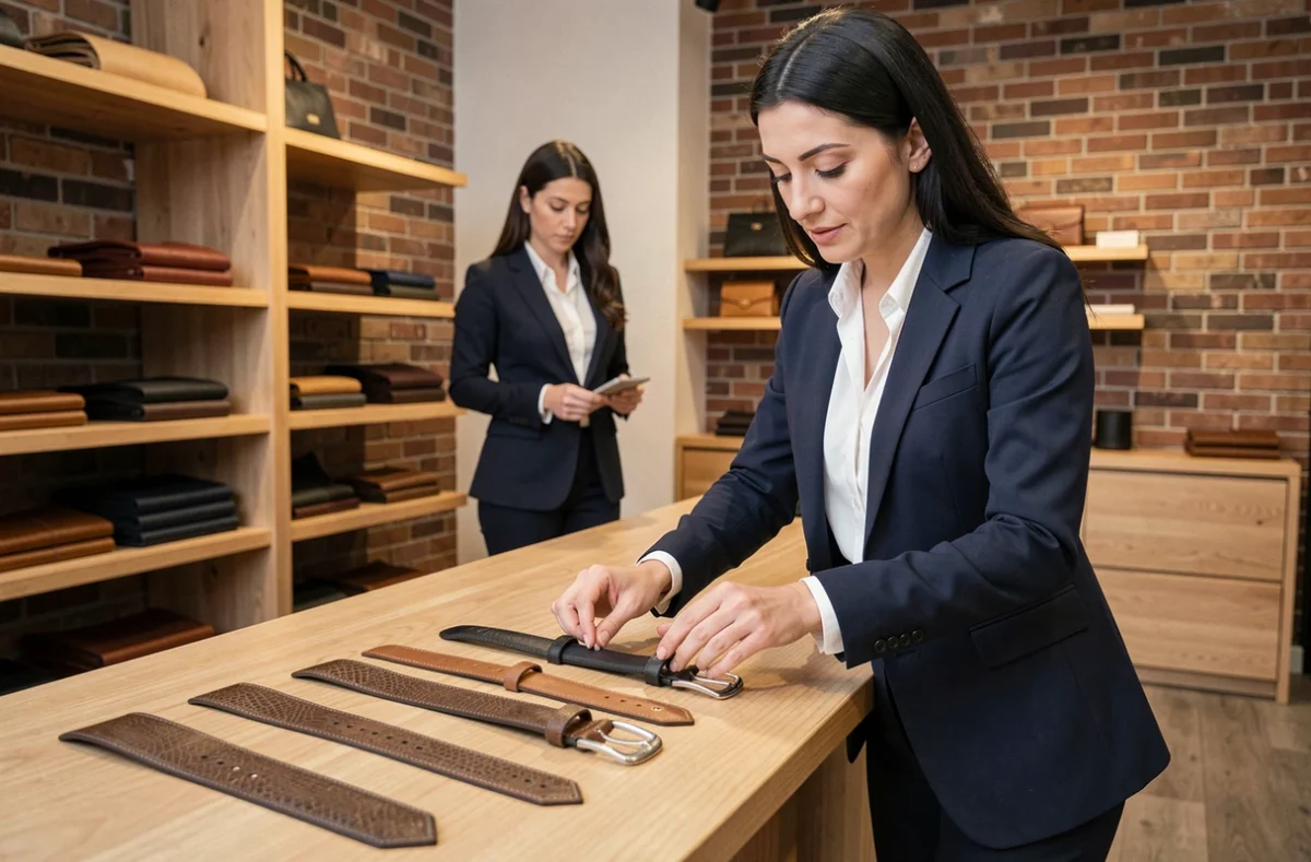 Femme comparant plusieurs ceintures en cuir de tailles différentes dans une boutique d'accessoires pour trouver la mesure adaptée