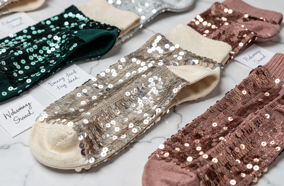 Comparaison de plusieurs paires de chaussettes paillettes sur marbre blanc, détail texture et intérieur du tissu