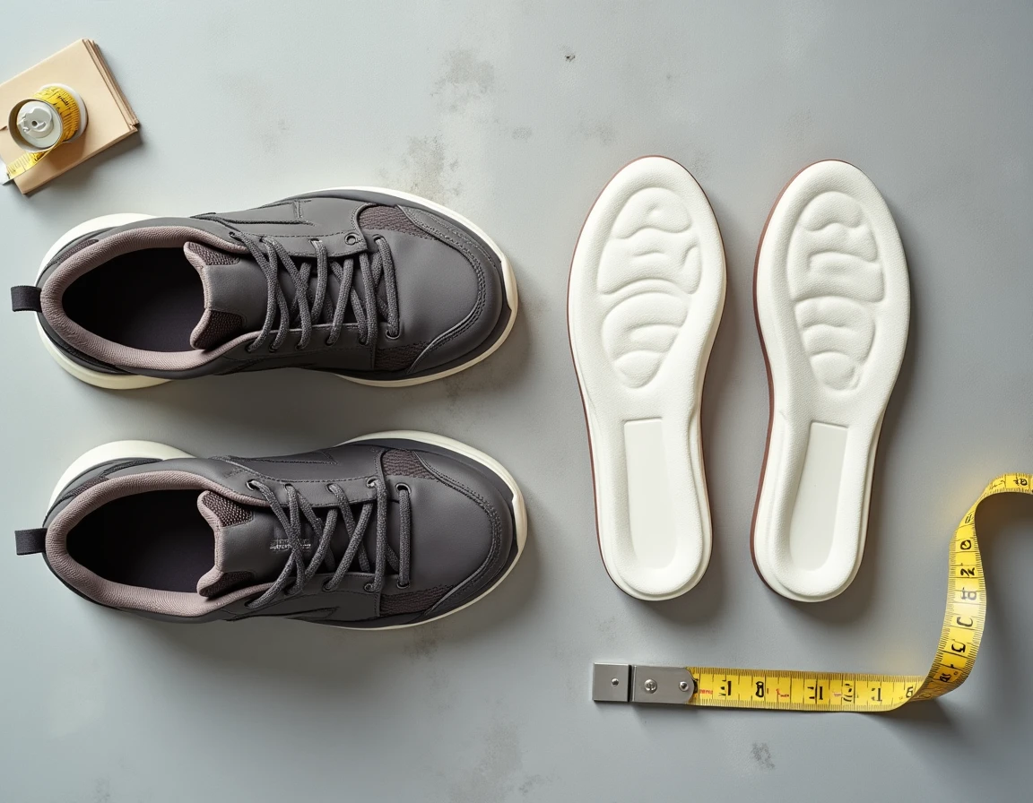 Vue de dessus d'une chaussure ergonomique et de semelles orthopédiques posées côte à côte sur béton gris, comparaison des solutions pour soulager les pieds