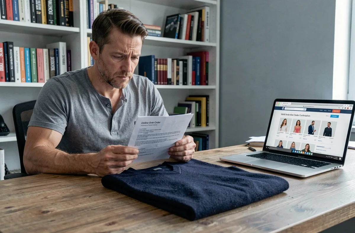 Homme comparant une commande en ligne avec un vêtement reçu sans marque clairement identifiable pour éviter les mauvaises surprises
