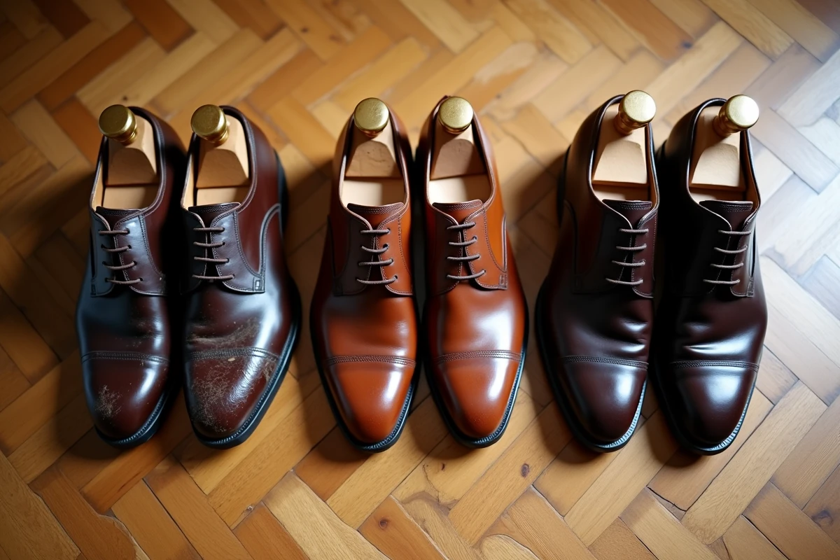 Comparaison de trois paires de chaussures en cuir à différents stades de déformation selon l'utilisation ou non d'une forme à chaussures